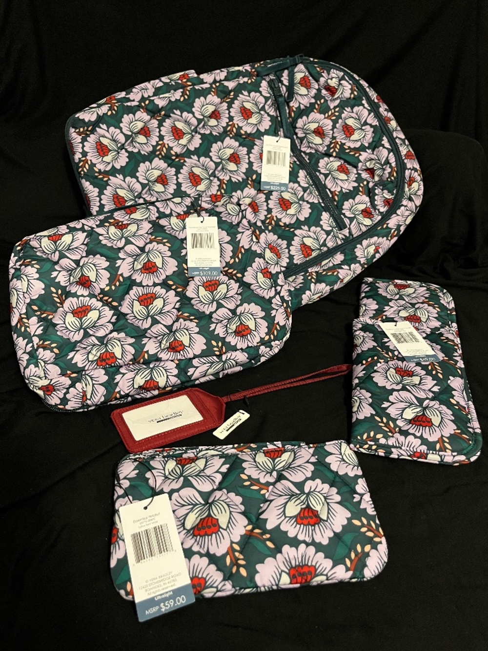 Vera Bradley Ultralight Lotus Sea Moss Lay Flat Backpack & Organizer Travel Set